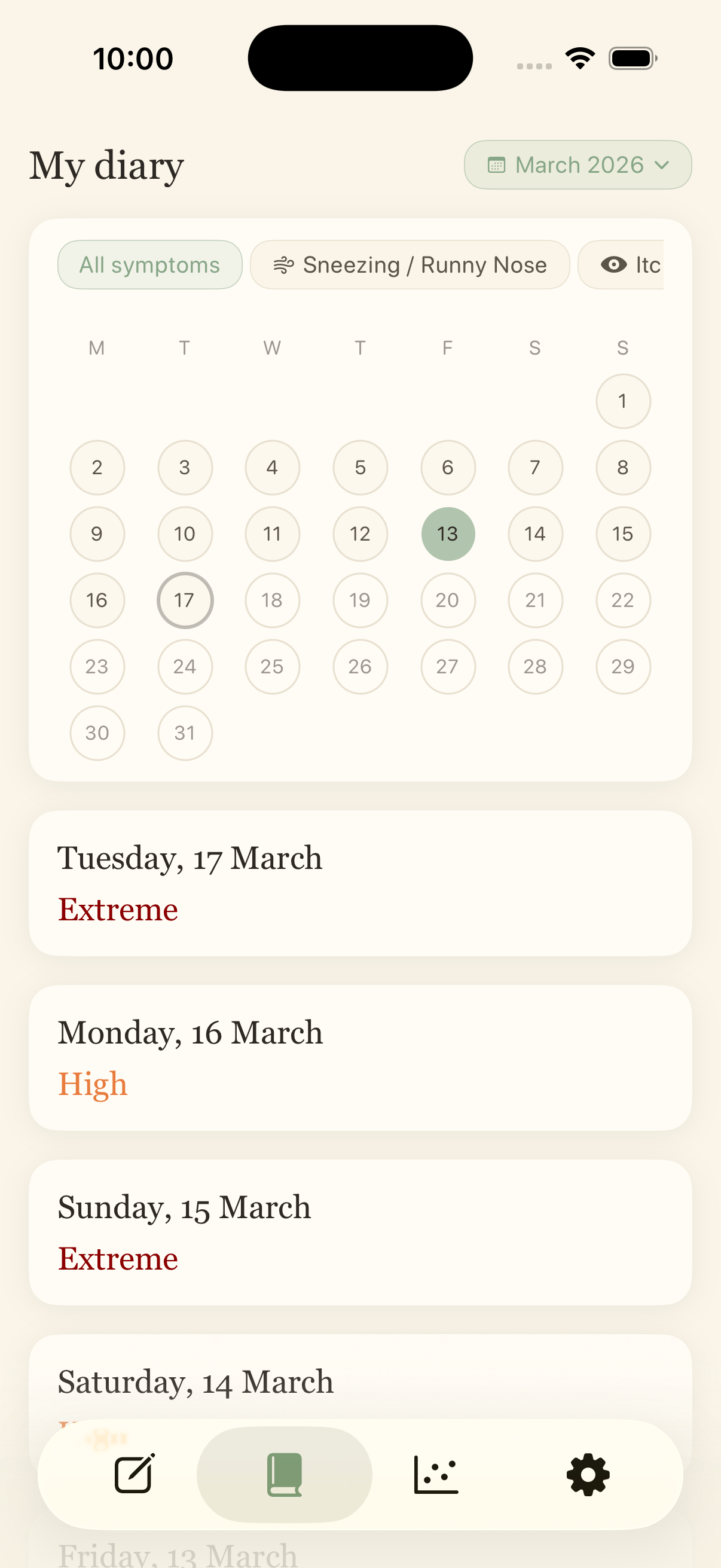 Diary tab — symptom history