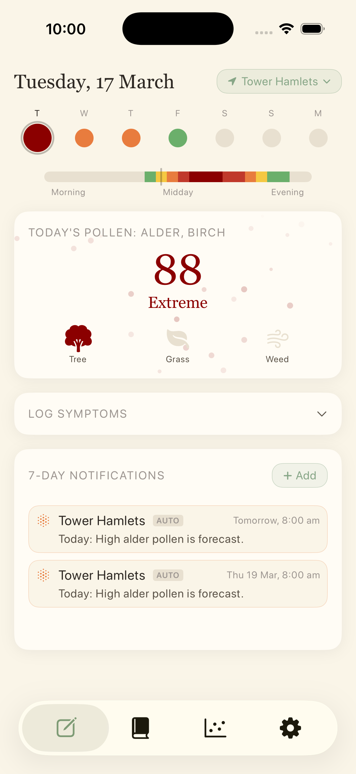 Today tab — pollen forecast and daily log
